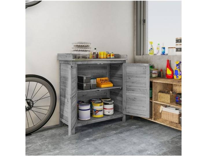 Armoire de jardin avec table de rempotage AESVAR Bois et métal galvanisé 2 compartiments Gris