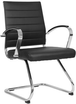 LeisureMod Benmar Modern Ribbed Guest Chair with Steel Chrome Sled Base, Leather Seat, Fixed Armrests, 250 lb Capacity