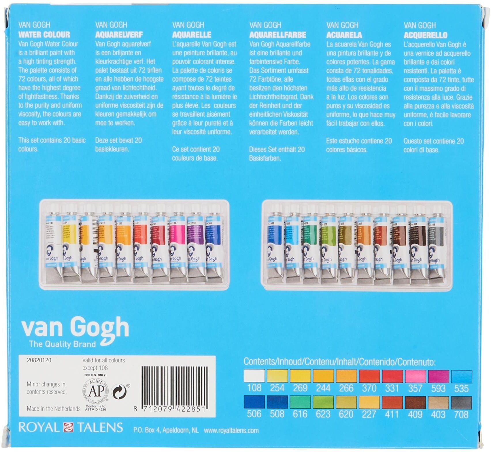 Aquarellfarbe "Van Gogh Malkasten 20er-Set, Mehrfarbig", bunt (mehrfarbig), 10ml, Farben, Aquarellfarbe mehrfarbig 10ml