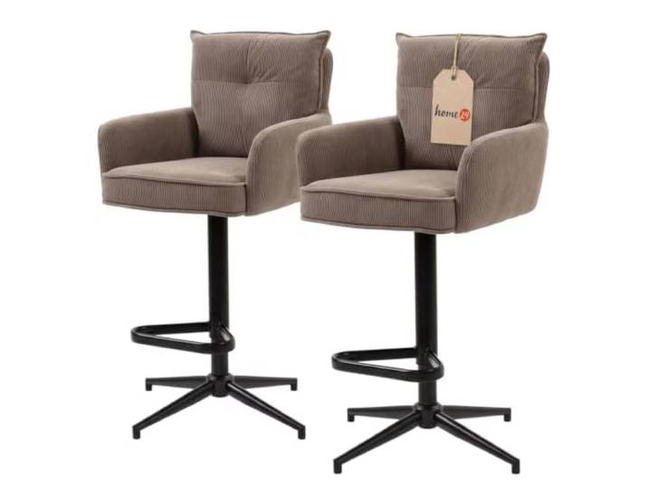 home24 Drehbarer Barstuhl 2er Set Metall Textil Bezug Cord, Gestell Eisen pulverbeschichtet, modernes Design, 58 x 54 x 100 cm