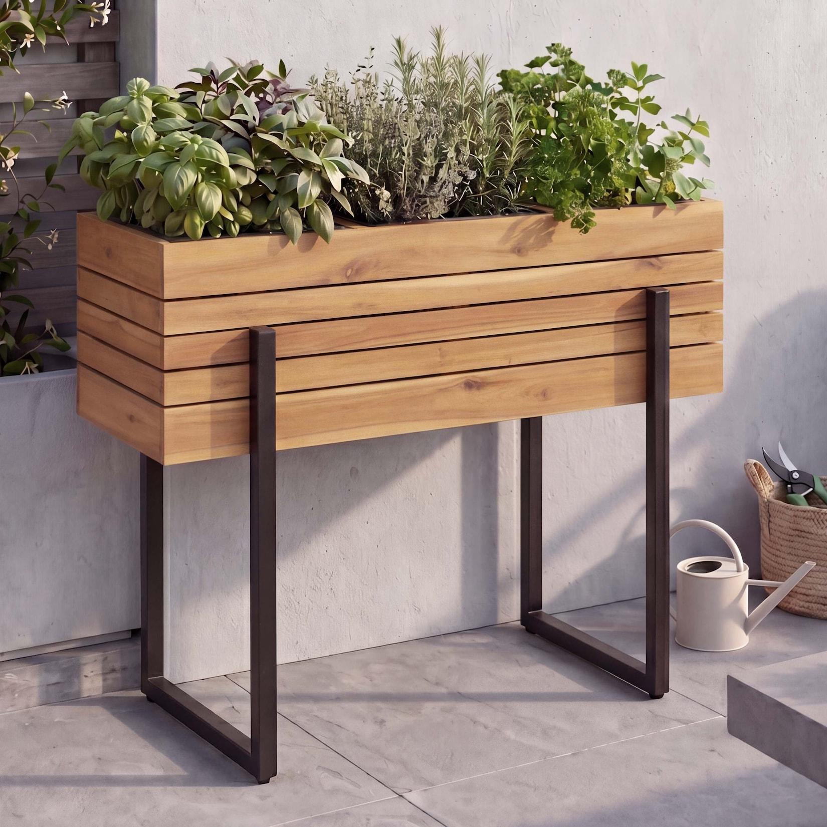 Hochbeet MCW-P85, Pflanzbeet Blumen-/Pflanzkasten Pflanzkübel, Outdoor Metall Akazie Holz MVG 68x80x30cm ~ hellbraun