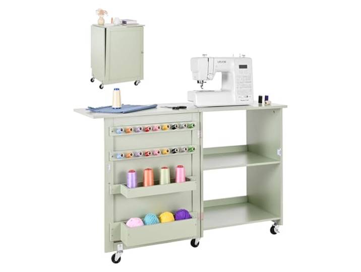 VEVOR Table de Couture Pliante\, Table pour Machine à Coudre Polyvalente pour Maison avec Design Compact\, roulettes\, Chevilles en Bois\, Plateaux de Rangement et étagère\, Serrure magnétique\, Vert Clair
