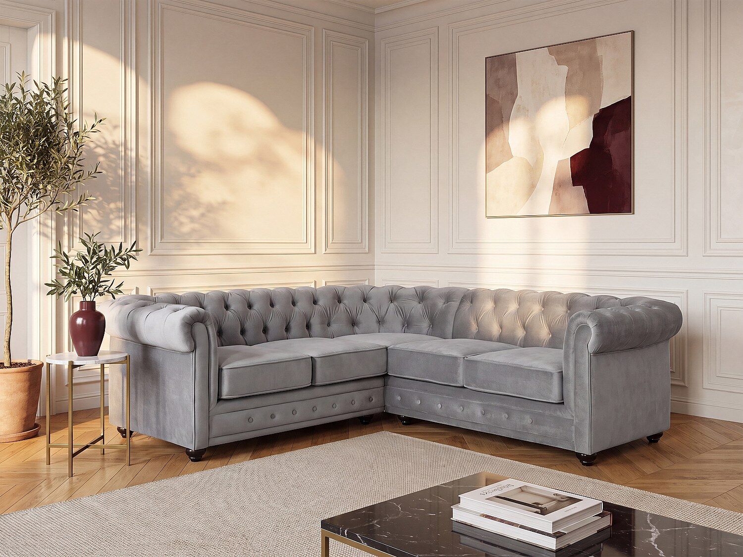 Unique Sofá rinconera de terciopelo CHESTERFIELD - Gris plateado