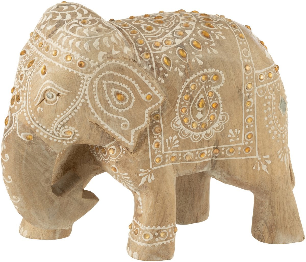 J-Line Decoratie Olifant met Kralen - Hout - Natuurlijk/Wit - Large