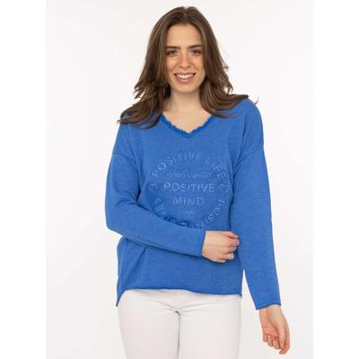 Zwillingsherz "Positive Mind", ausgefranster V-Ausschnitt, Used Look, Langarm, Schriftzug
