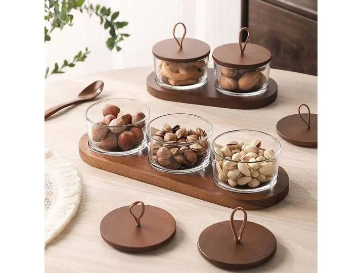 Bouteille de rangement en verre plateau de fruits secs divisé avec couvercle en bois bouteille de stockage de collations de fruits secs plateau en bois plateau de collation domestique