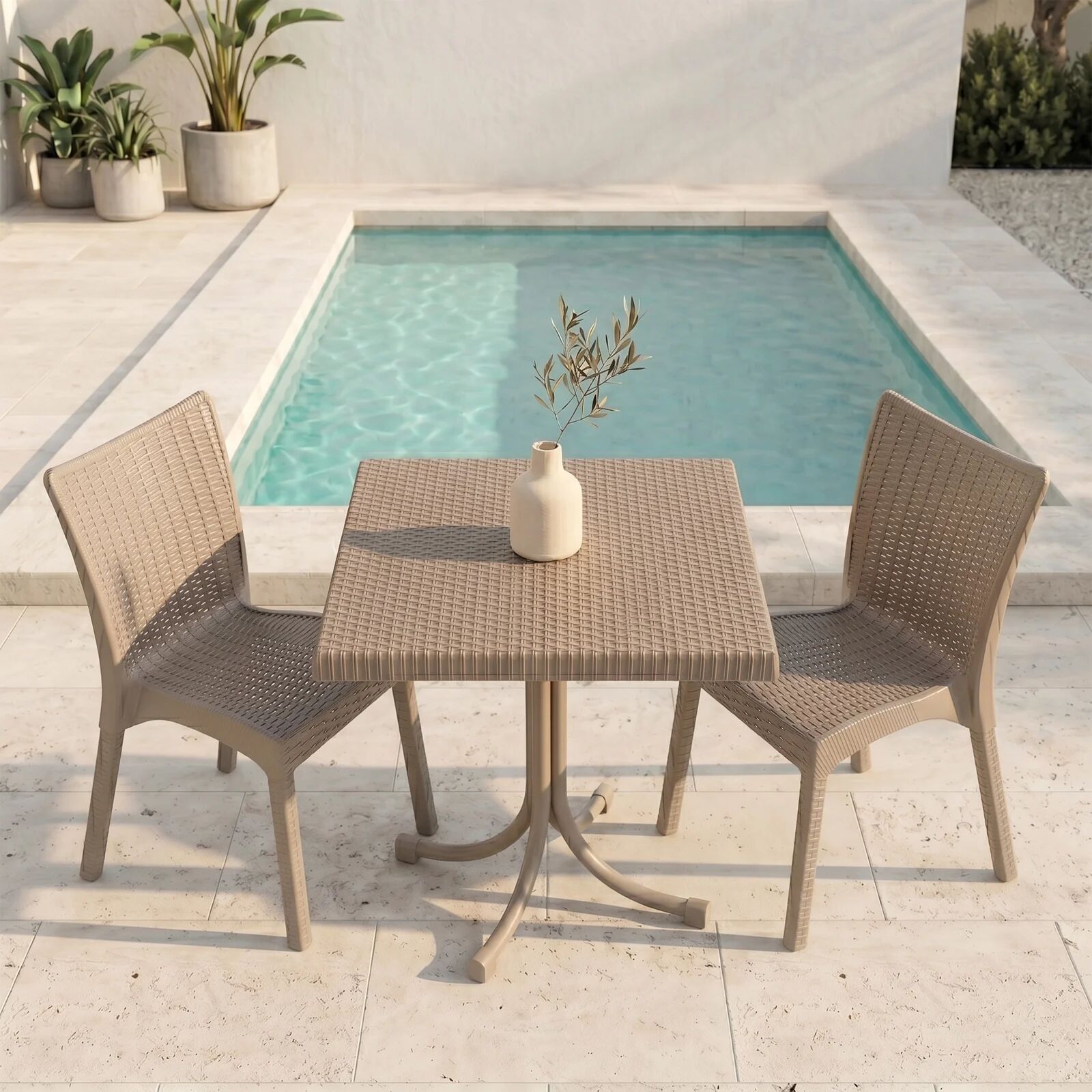 garneroarredamenti Set tavolo 80x80cm + 2 sedie da giardino polipropilene tortora Blossom