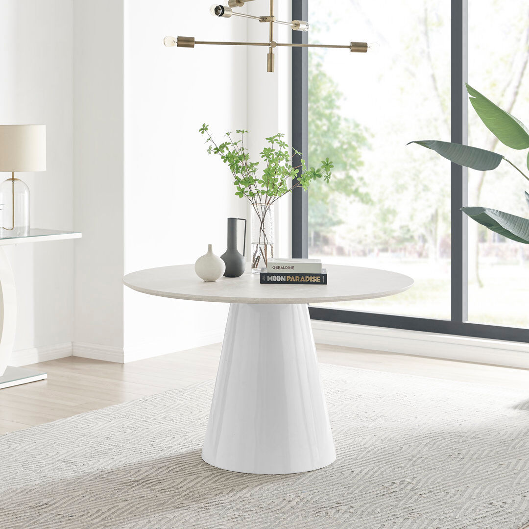 Canora Grey Edzard Statement Pedestal Round Dining Table - Luxury Modern Design Beige Stone Top/White Base