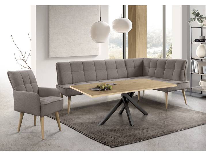 Eckbank EXXPO - SOFA FASHION Latte , latte, B:234cm H:95cm T:156cm, 94% PES, 6% NY, Sitzbänke, Eckbank, moderne Sitz- und Rückensteppung, bequem und elegant, hoher Holzfuss