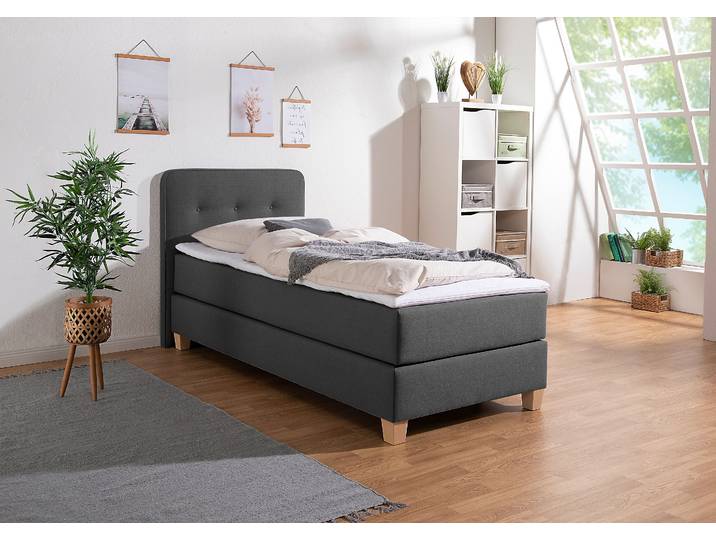 Boxspringbett, Strukturstoff, Grau, 103×207 cm, Inkl. Topper, Modern, Home Affaire