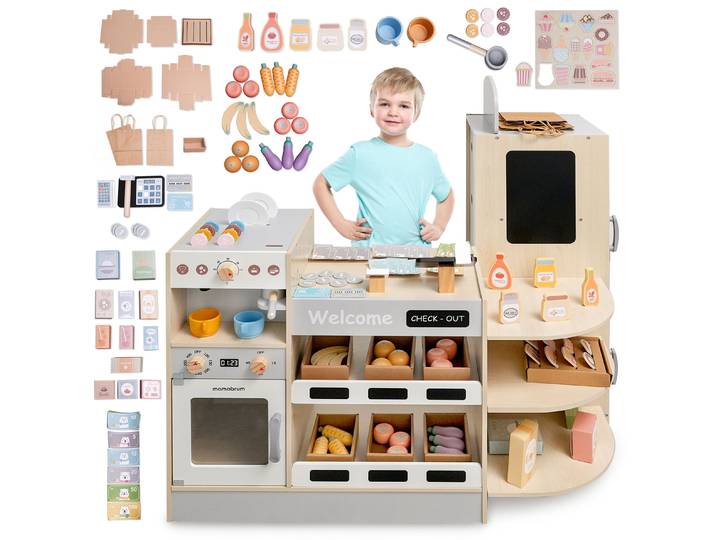 Mamabrum, grand magasin d'angle en bois avec machine à café et four, ensemble XXL 106 pièces pour enfants 3+ Montessori