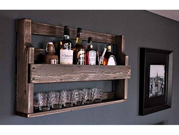 Dekorie Whisky Regal aus Holz - mit Gläserhalter - Braun - Industrie Stil - fertig montiert - Wandbar fürs Esszimmer 90 x 50 x 15 cm