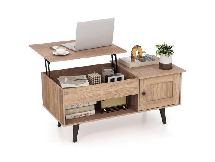 COSTWAY Table Basse avec Plateau Relevable Rangement de Compartiment Caché Etagère Ouverte pour Chambre Salon Bureau Naturel