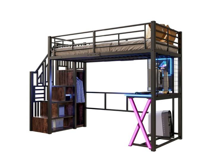 Lit mezzanine 90x200 avec bureau et armoire FloraGrace