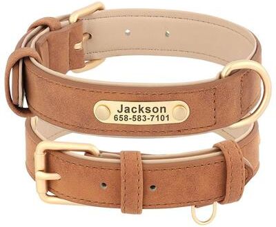 Uplift Essentials Personalized Custom Leather Dog Collar Handcrafted PU Leather With Free Engraved Nameplate brown m