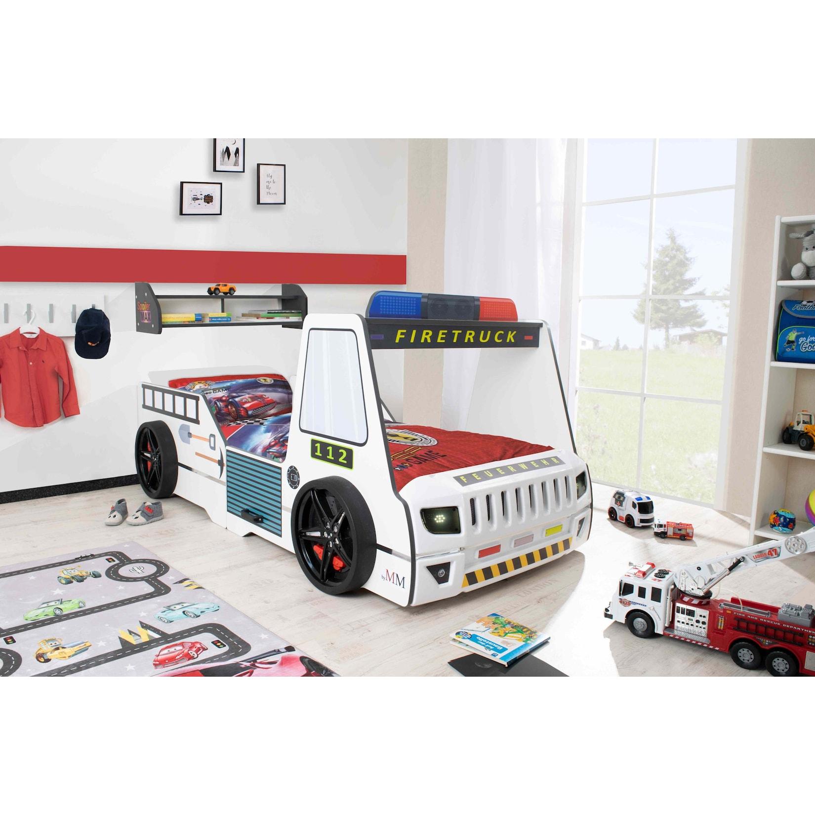 Autobett Kinder 90x200 cm Feuerwehrbett "Rio Firetruck" mit LED-Licht und Sirenenoptik