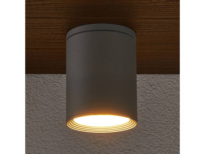 Lucande Außendeckenstrahler Minna, silber, 14 cm, IP54, E27 Minna, alu / grau / zink, Aluminium, Modern