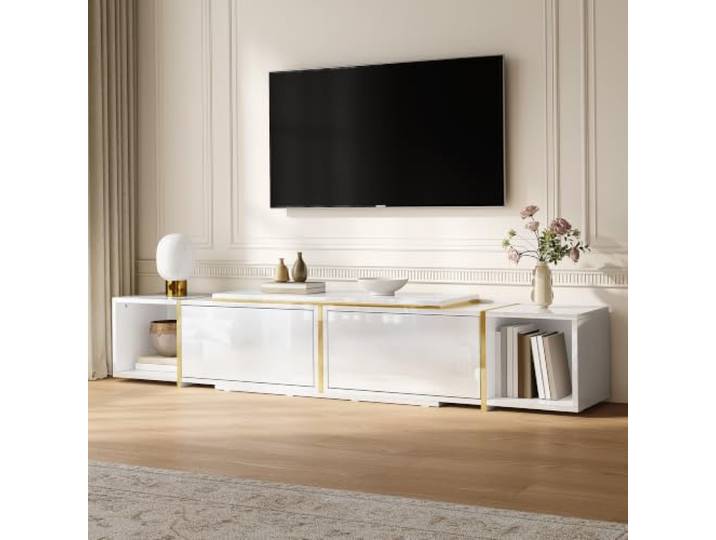 VIIOOIIV TV-Schrank Ausziehbares, Hochglanzfronten Lowboard 275 cm lang, Fernsehtisch für Wohnzimmer mit Schrank, Weiß (275 * 35 * 37 cm)