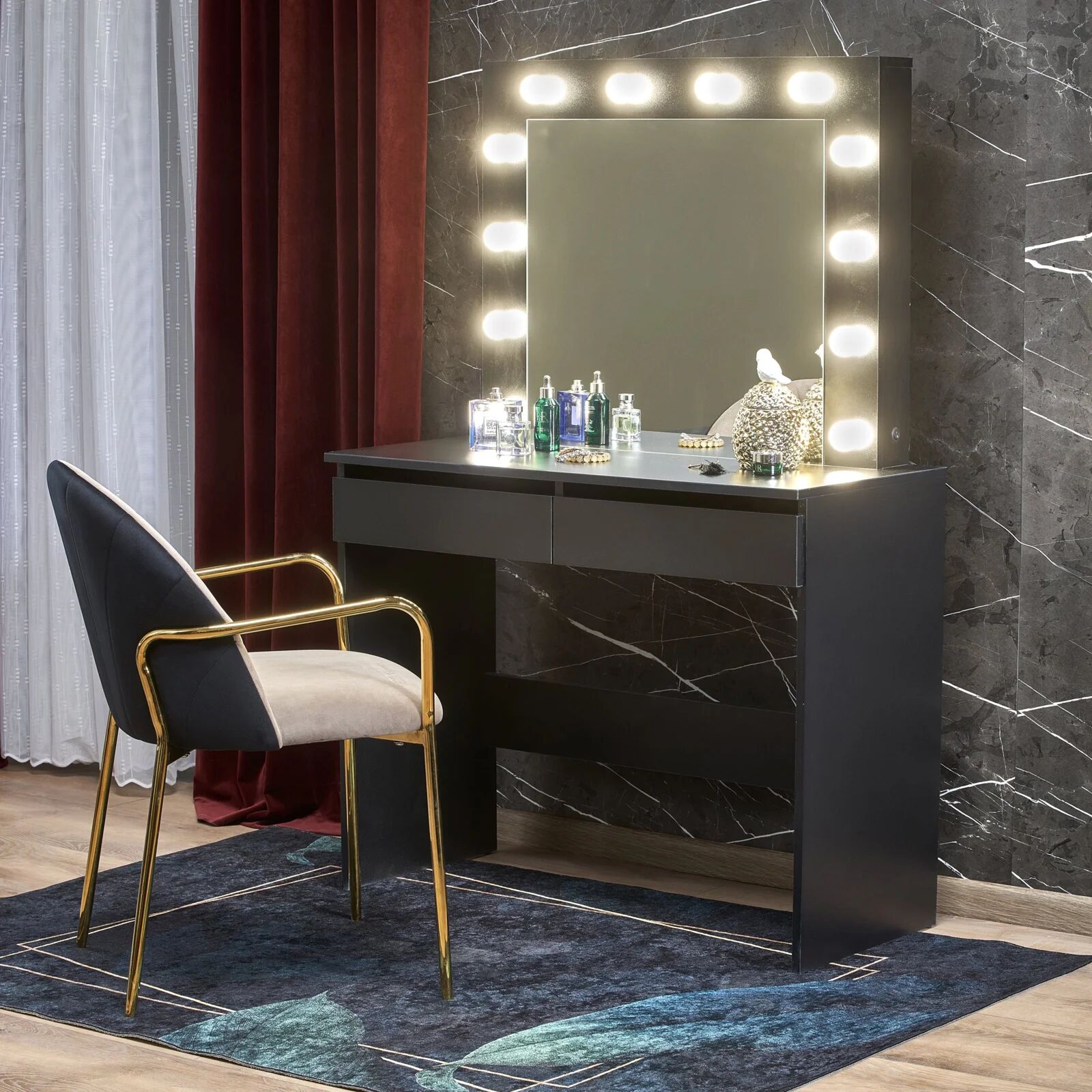 garneroarredamenti Toeletta da trucco con specchio 94x140cm con LED nero Bloom