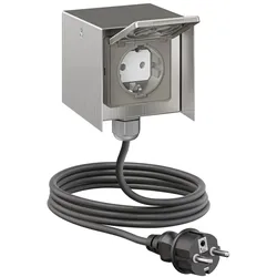 ledscom.de Außensteckdose 1-fach STEDDA und 2m Kabel, IP44, Edelstahl edelstahl, Steckdosen für Garten, Terrasse und Außenbereich