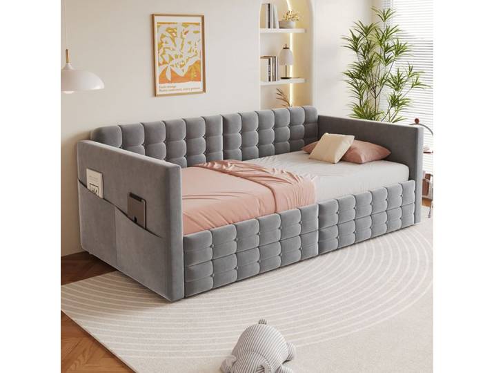 Lit banquette rembourré 90 x 190 cm en velours gris avec rangements