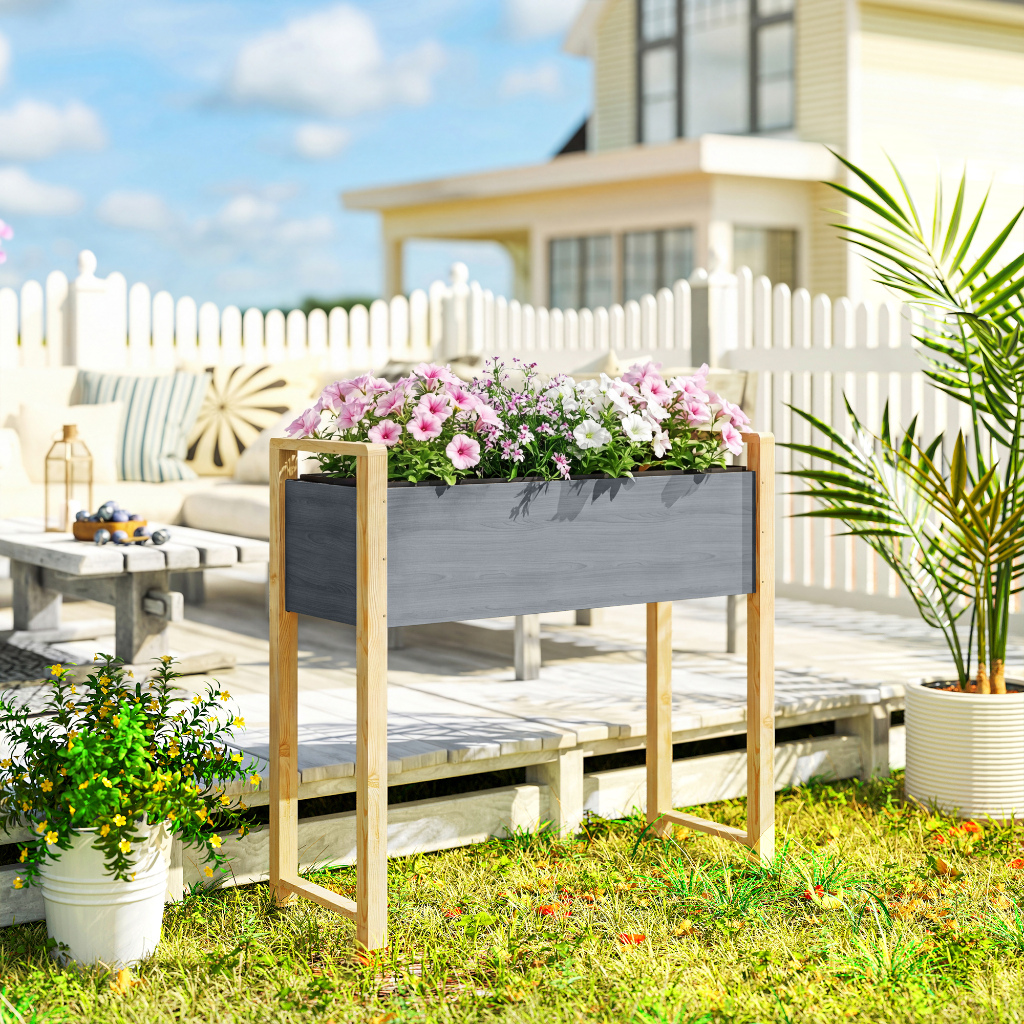 Outsunny Aiuola rialzata in legno massello, letto da piantare, serra primaverile, aiuola da giardino, fioriera per piante rampicanti e fiori 98x37x90 cm Grigio+Legno naturale   Aosom Italy