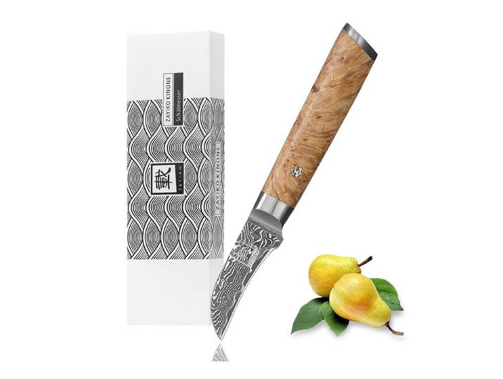 ZAYIKO Obstmesser Kinone Damast Schälmesser Küchenmesser 6 cm Klinge Wurzelholzgriff, schwarzer Damaststahl, VG10-Kern