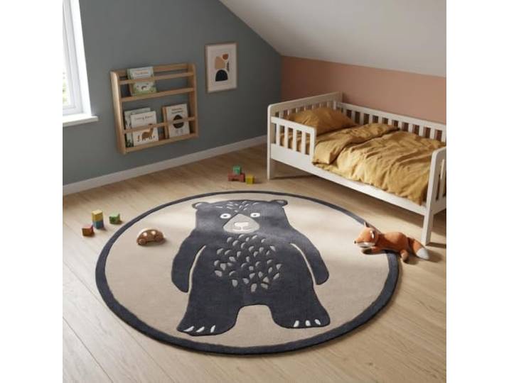 Morgenland Kinderteppich Handgetuftet Wolle Grau 120x120cm Rund 100% Schurwolle, Kollektion Kids, Kinderzimmer, Handarbeit