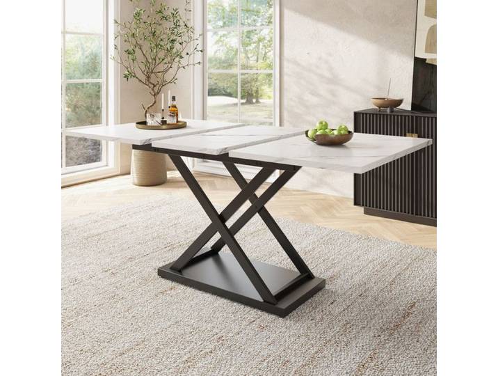 Table à manger table télescopique (120-160×80cm) table à manger extensible pour cuisine et salon table à manger marbrée blanche