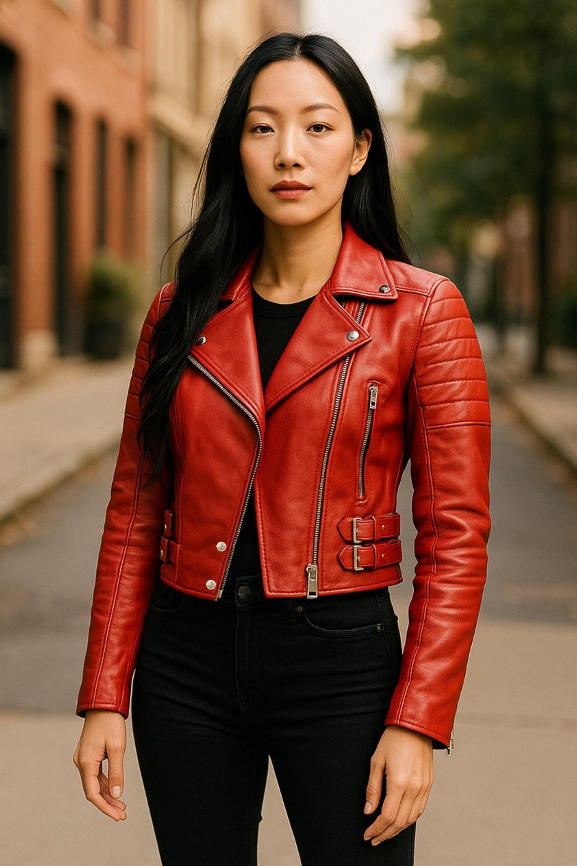 Rote kurze Brando-Bikerjacke aus Leder für Damen – Durban