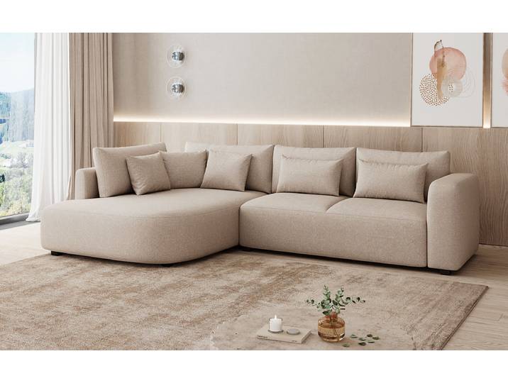 Designer Ecksofa Ando mit breiter Ottomane in Strukturstoff - Grau - Links - Strukturstoff - Luxusbetten24