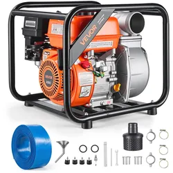 VEVOR Benzin Wasserpumpe 43 m Förderhöhe, Schmutzwasserpumpe 7 PS, Tragbare Motorpumpe, Benzinmotor mit 762 cm Auslassschlauch, Gusseisenlaufrad, Gartenpumpe für Bewässerung, Teiche & Pools