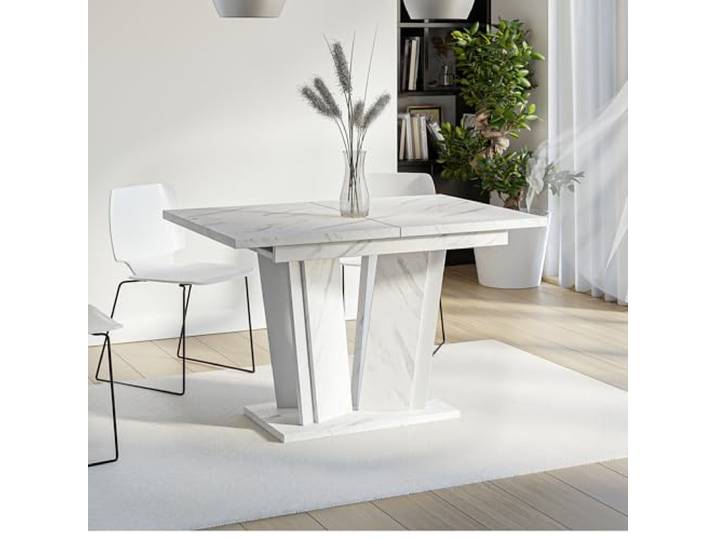 DORA2 Esstisch ausziehbar 120-160x80 cm Weiß Marmoroptik, Säulentisch Ausziehbarer Esszimmertisch 120 bis 160 cm für 4–6 Personen, V-Säulengestell, weißer Marmoroptik