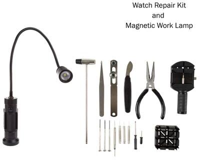 16-Piece Watch Repair Kit with Screwdrivers, Tweezers, Link Remover – LED Magnetic Light with Flexible Gooseneck by Stalwart
