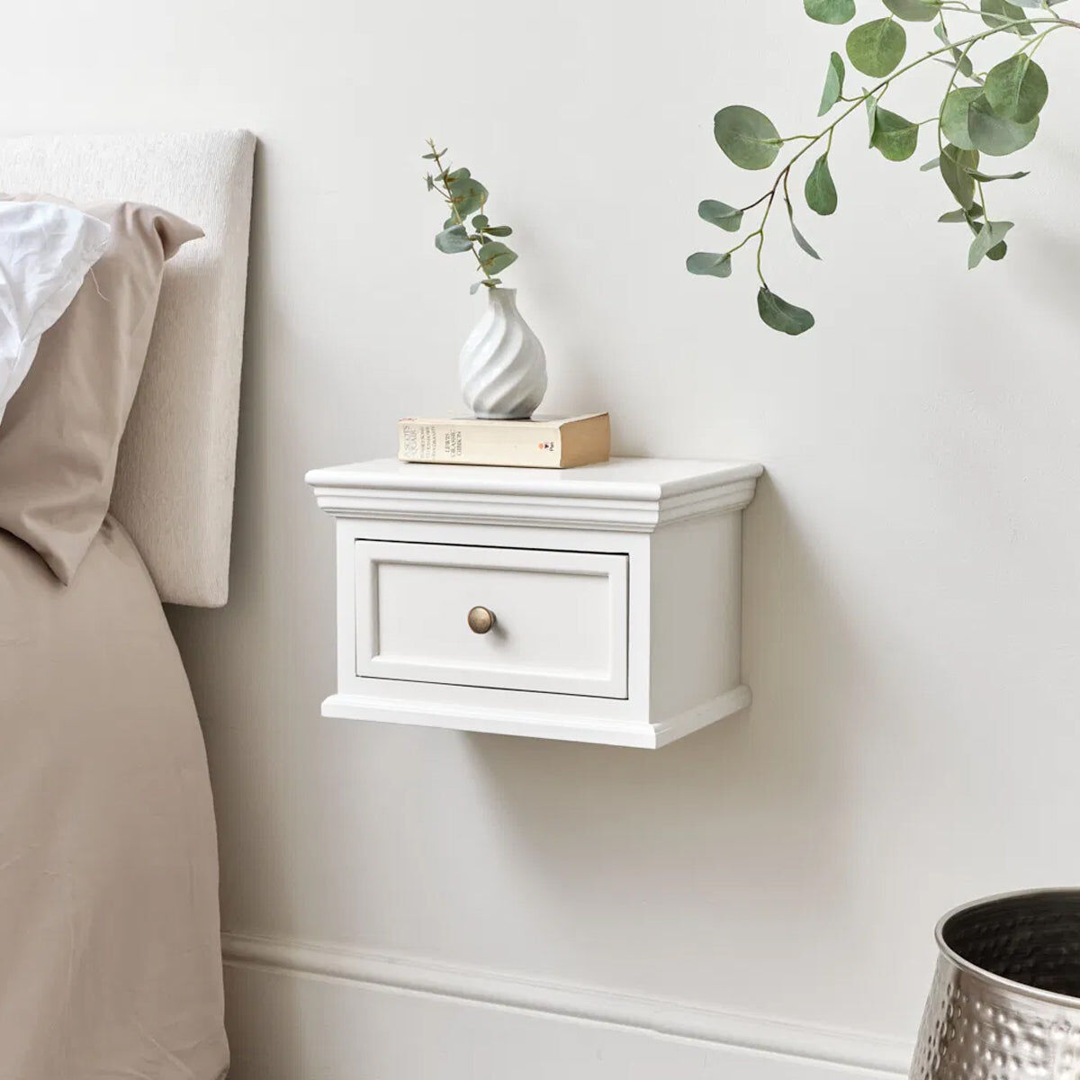 Pair Of White Wall Mounted Bedside Tables - Daventry White Range Wood, Metal