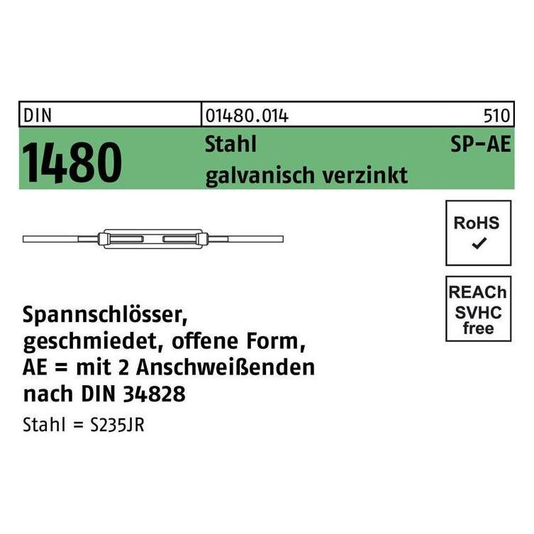 Spannschloss DIN 1480 offen m.2Schweißenden SP-AE M 10 Stahl galvanisch verzinkt galvanisch verzinkt (014800140100000)