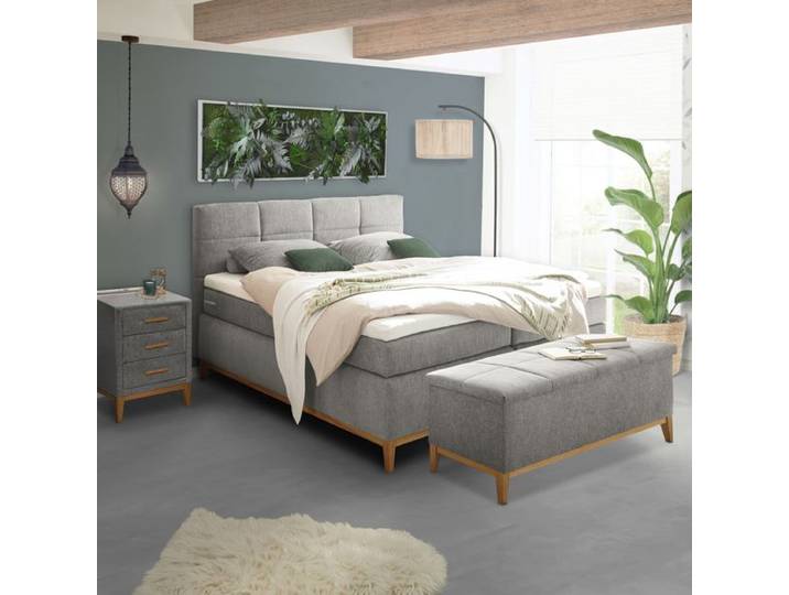 Boxspringbett Jared Microvelours 180x200cm Bonellfederkern-Box Härtegrad: H2 Massivholz Eiche Hellgrau skandinavisch