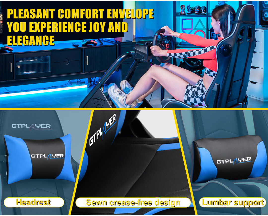 GTPLAYER Racing Simulator Cockpit Faux Leather PC & Racing Game Chair with Built-in Speakers Blue 107cm H X 51cm W X 50cm D