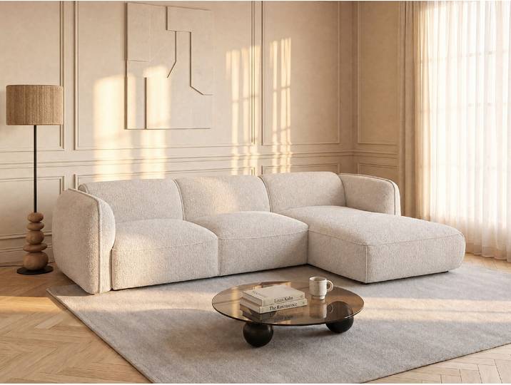 Modulierbares Ecksofa Rechts aus Chenille-Stoff in Beige - Maison Céphy CAMILIO
