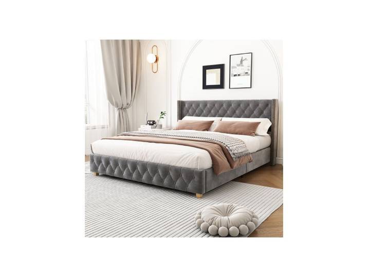 Lit capitonné - MUVOE - 160x200 cm - Tête de lit avec boutons - Velours gris - 2 places