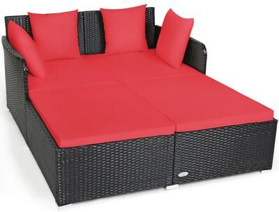 Costway Spacious Outdoor Rattan Daybed with Upholstered Cushions and Pillows-Red