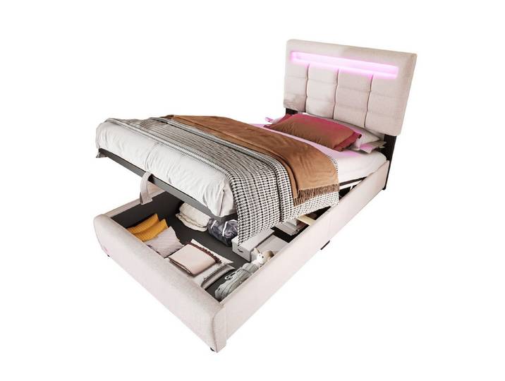 REDOM Polsterbett mit LED-Licht & APP-Steuerung, hydraulischer Bettkasten, USB-Anschluss (Stauraumbett Kinderbett Gästebett Einzelbett, modernes Design, ideal für Jugend- & Schlafzimmer, 90x200cm), Ohne Matratze