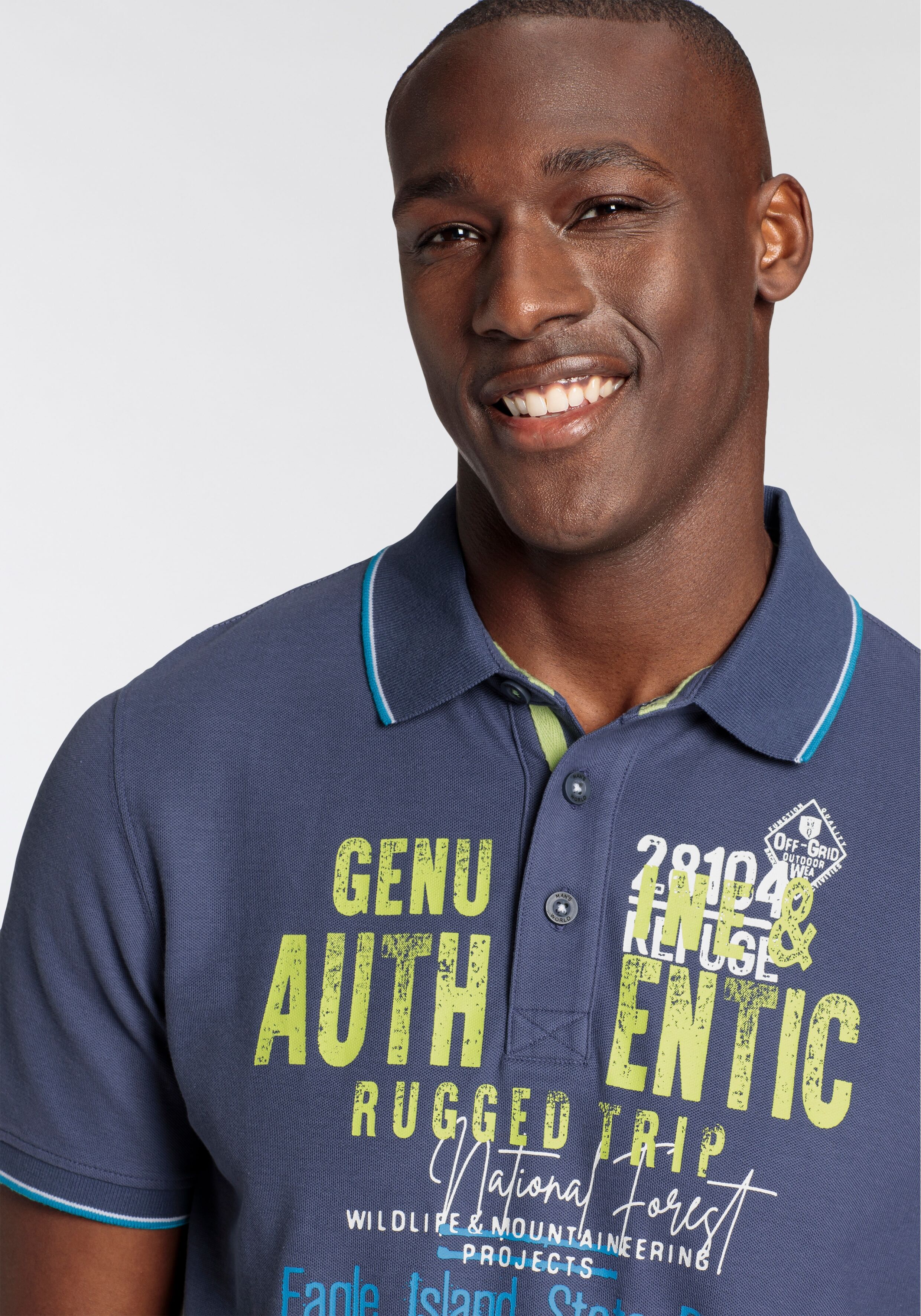 Poloshirt MAN'S WORLD, Herren, Gr. S (44/46), blau (indigoblau), Piqué, Obermaterial: 100% Baumwolle, bedruckt, normal, Rippbündchen, Shirts Poloshirt, Kurzarm, mit Rippbündchen, Polokragen, lässiger Print indigoblau S (44/46)