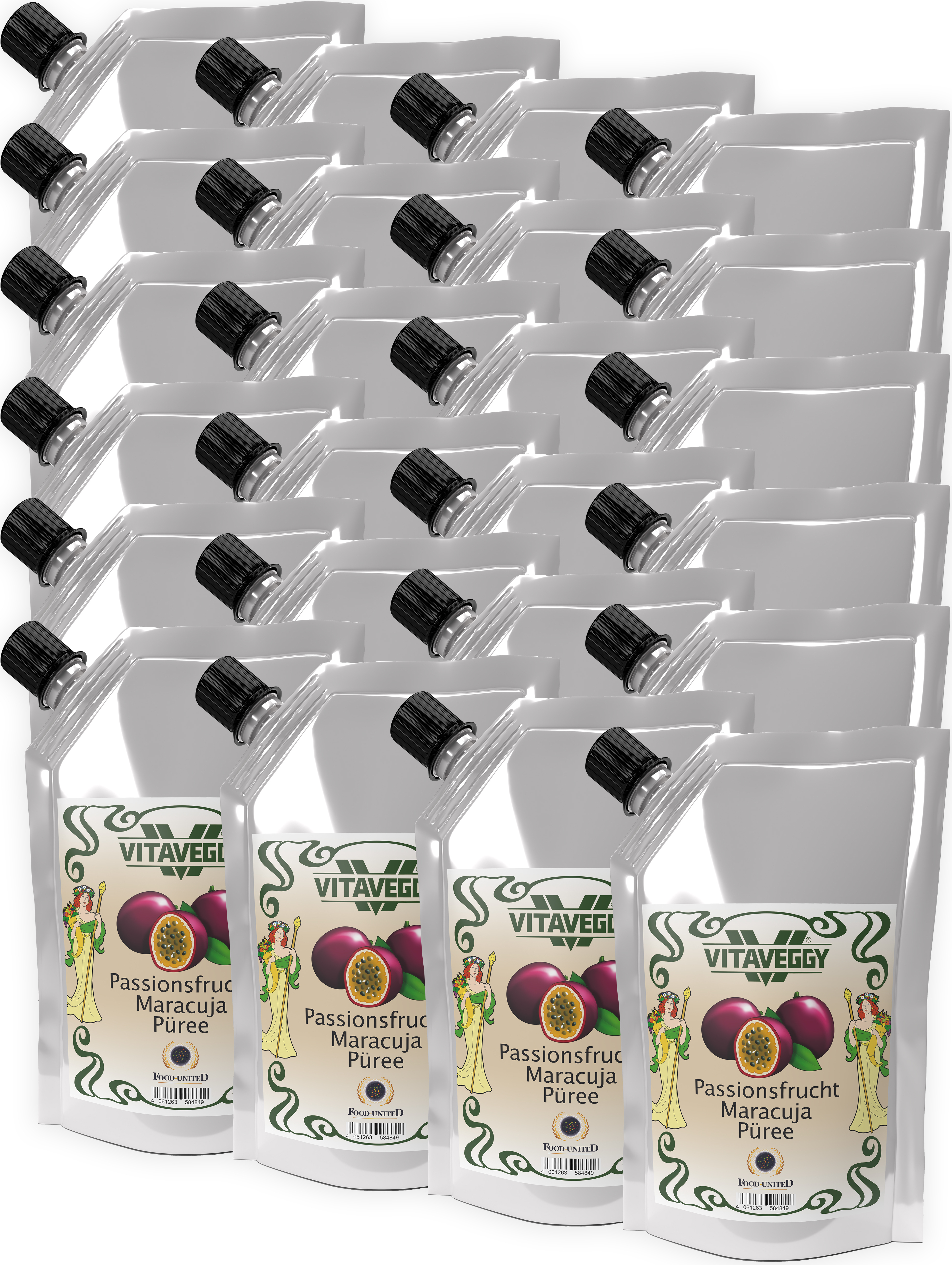 VITAVEGGY PASSIONS-MARACUJA-FRUCHT Früchte-Püree 24x 1kg Grenadille-Granadille-Purpurgranadilla-Granadilla-Püree Food-United geeignet für Babybrei-Obstbrei Maracuja-Passionsfrucht-Saft-Smoothie-Sorbet-Schorle-Cocktail-Quark GVO-Frei Glutenfrei & 100% natü