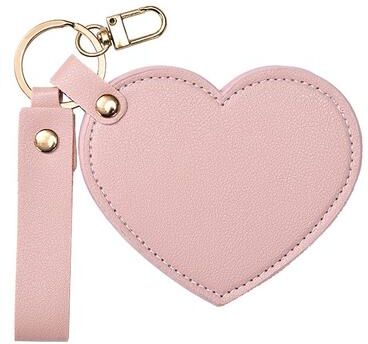 Fusion Finds Heart Compact Mirror Keychain Portable Travel Makeup Mirror With PU Leather Case For Purse & Gifts pink