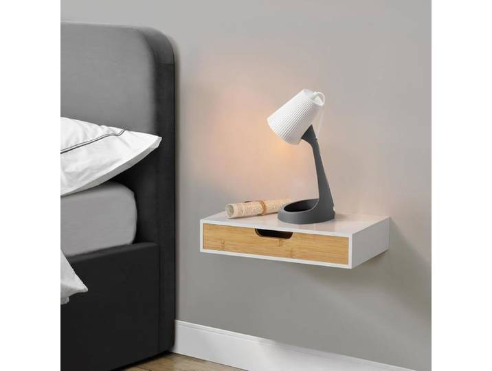 Étagère murale flottante en bambou blanc avec tiroir - table de chevet compacte 40 x 24 x 8 cm pour chambre et salon