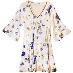 (LXL) Nomad Sari On the Med Collection - Dress -  White , Blue & Gold Evil Eye Design