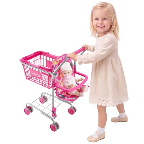 VEVOR Kinderboodschappenwagen met inklapbaar zitje, Roze speelgoedwinkelwagen met stalen frame en wielen