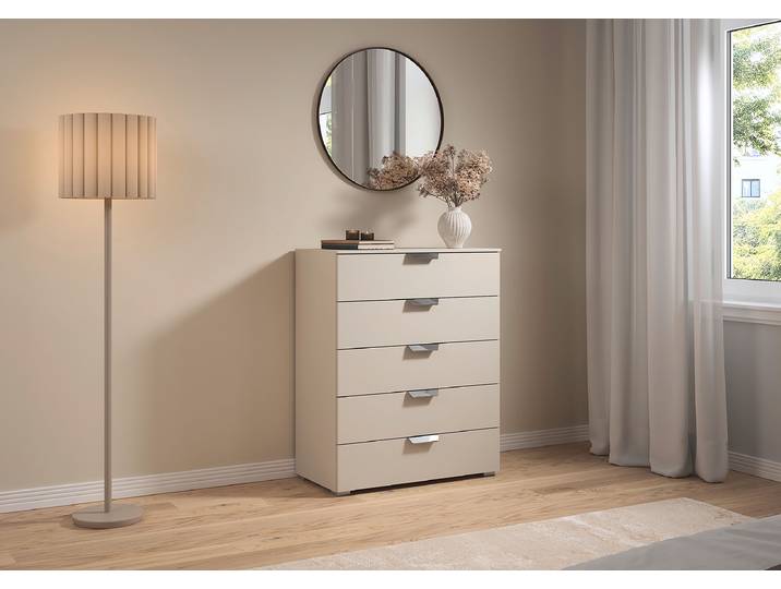 Commode Aditio avec 5 tiroirs 80cm Beige/Cachemire Argenté