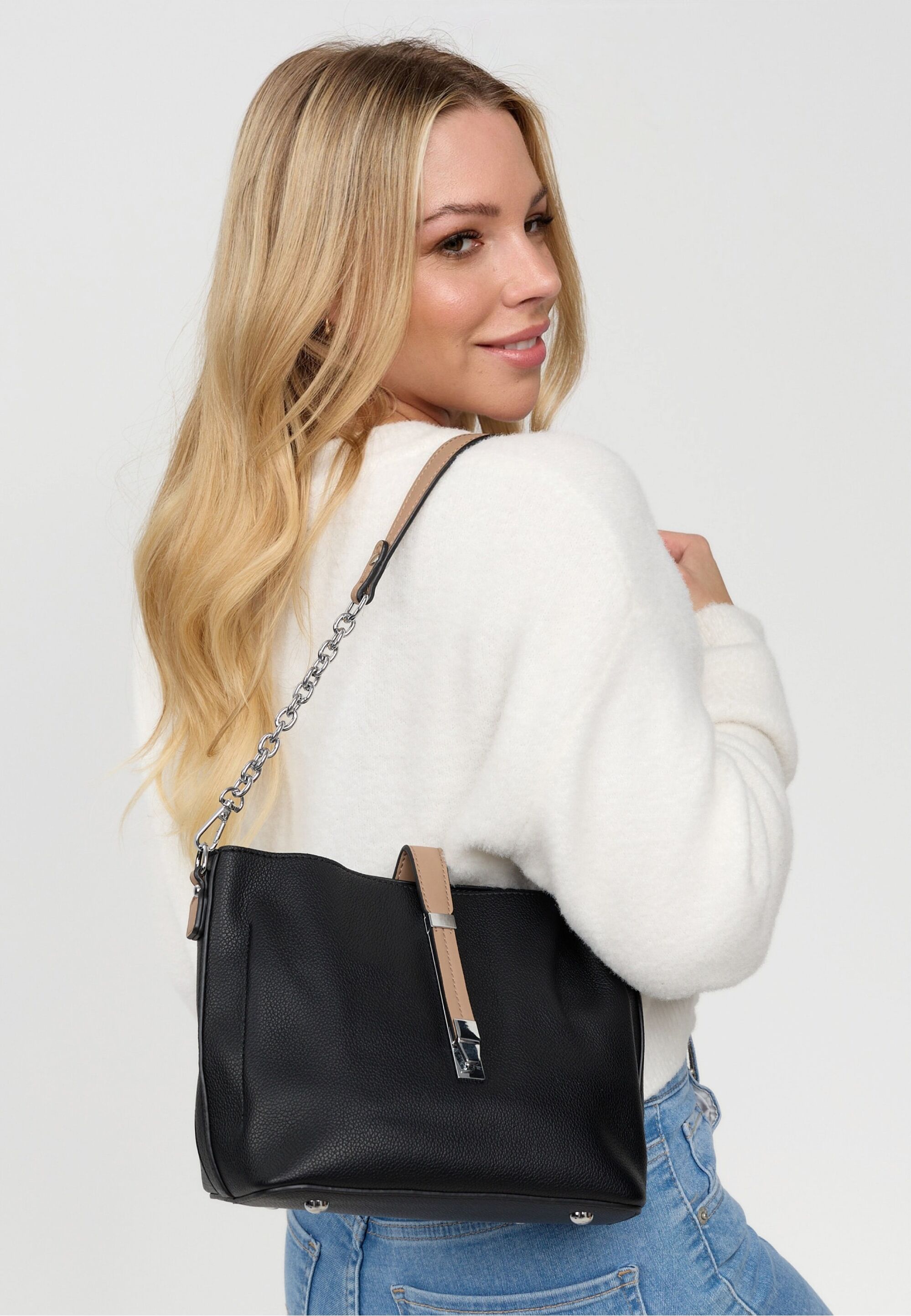 Schultertasche HARPA "MISCHA", Damen, Gr. B/H/T: 12cm x 18cm x 29cm, schwarz, Lederimitat, mehrfarbig, Taschen Schultertasche, mit wechselbaren Schultergurten